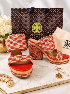 Tory Burch Lola Woven Jute & Leather High-Heel Slide Sandals Size 7.5 🧡